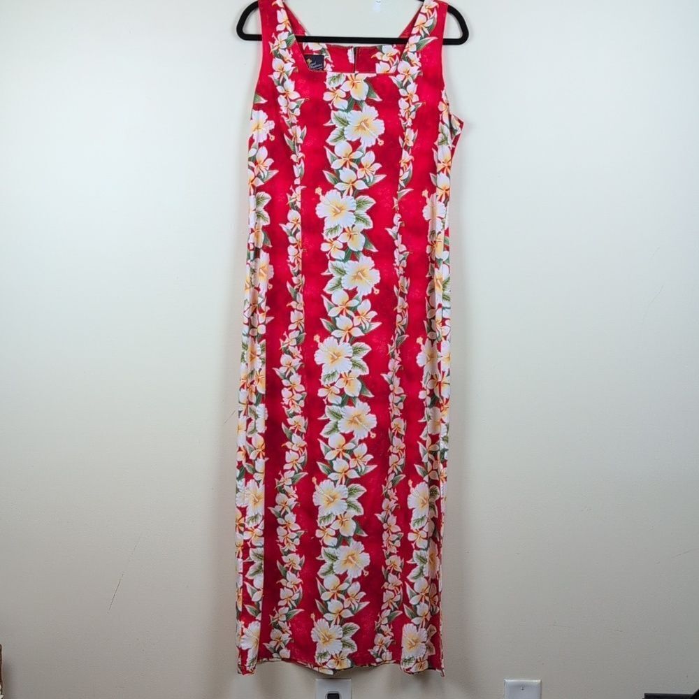 Royal Creations Red Hibiscus Maxi Dress Size XL Side Slit Made in Hawaii